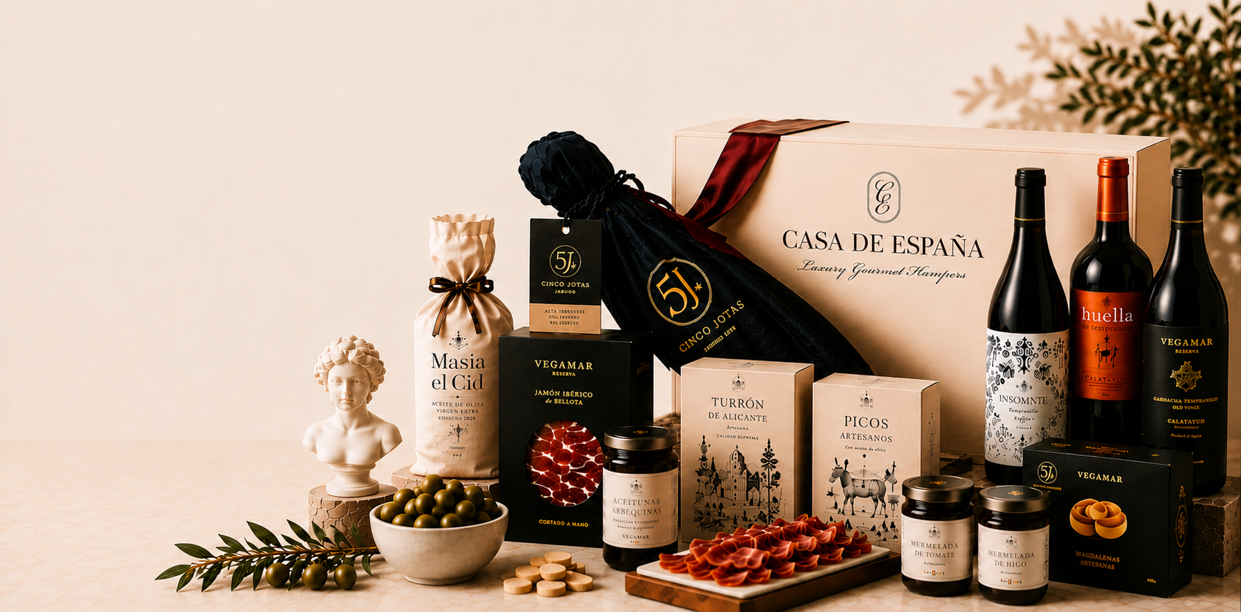 Casa de España hamper collection with Vegamar wine, jamón ibérico, and gourmet Spanish produce