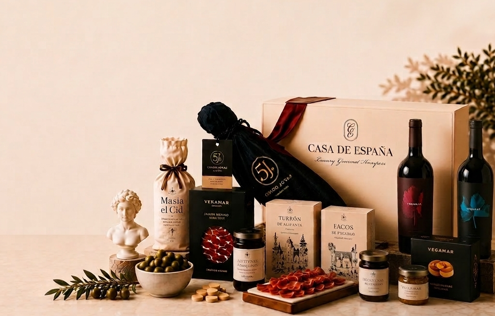Casa de España hamper collection with Vegamar wine, jamón ibérico, and gourmet Spanish produce
